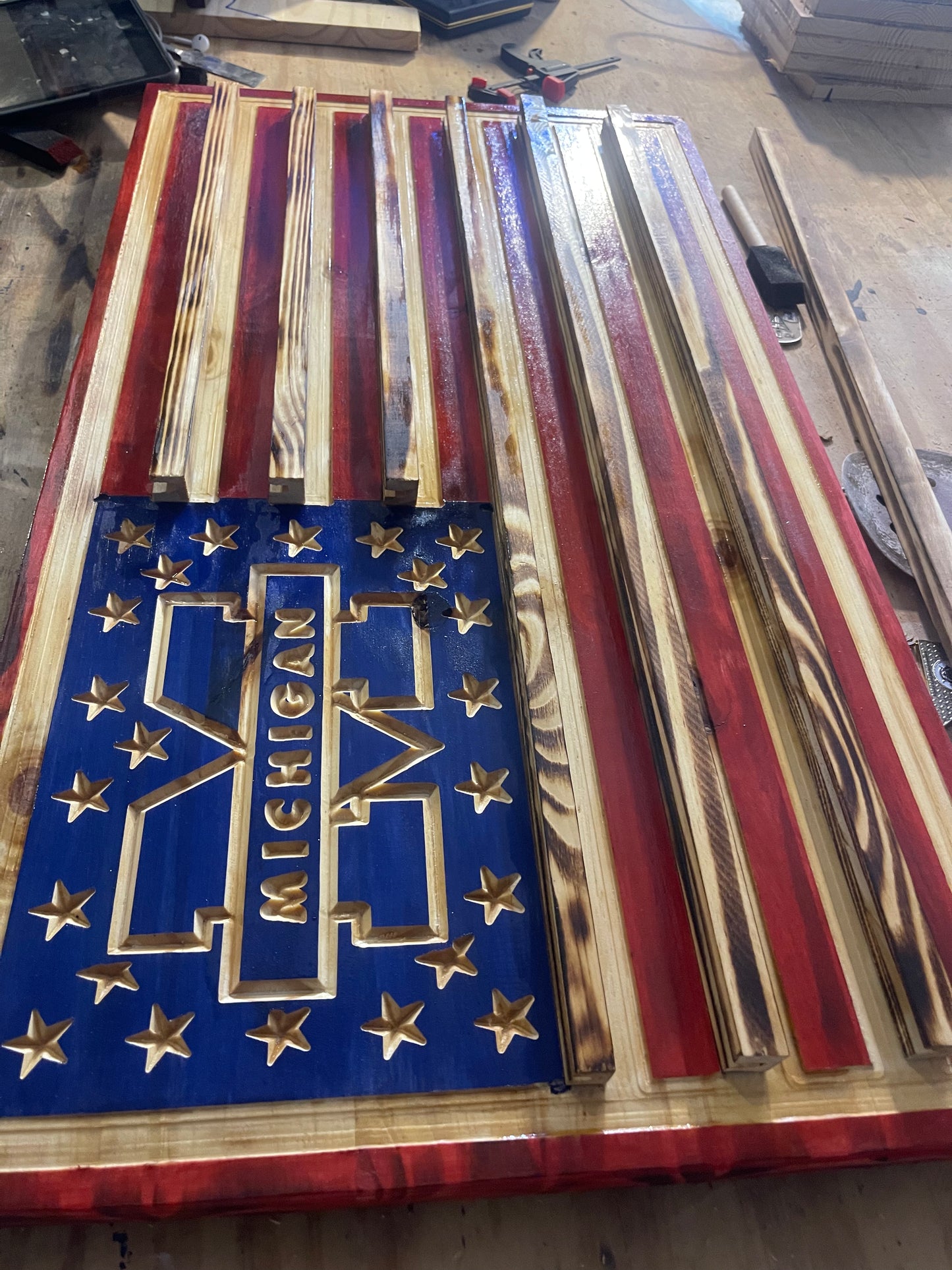 Wooden American Flag w/ Border and challenge Coin Holder
